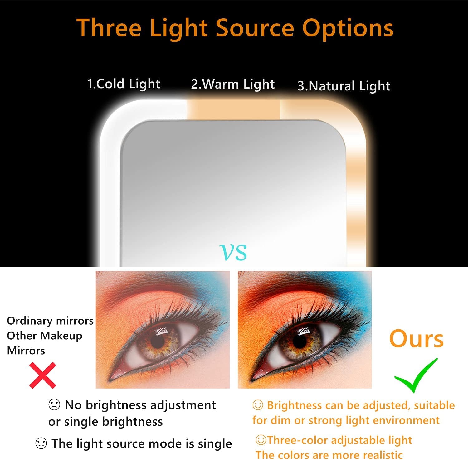 Vanity Mirror with Lights - LED Desk Mirror Touch Control 3 Color Lighting Modes USB Rechargeable (White)